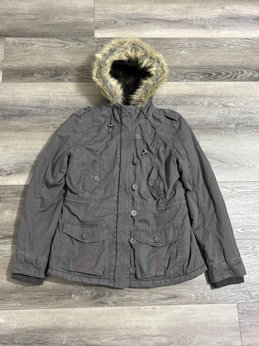 Aeropostale Fur Lined Hood Grey Parka Jacket Retro Y2K Preppy - Women’s XL